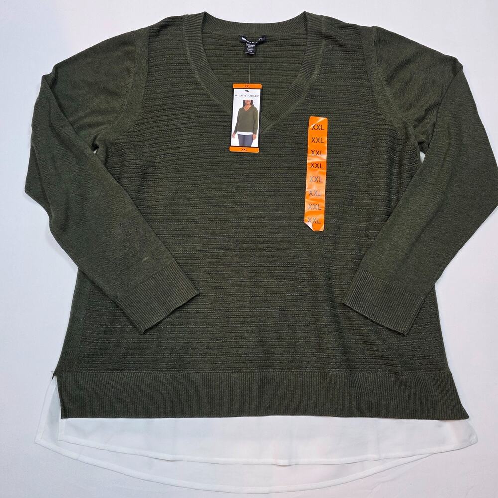 Hilary Radley V-Neck Layered Sweater Olive womens size XXL